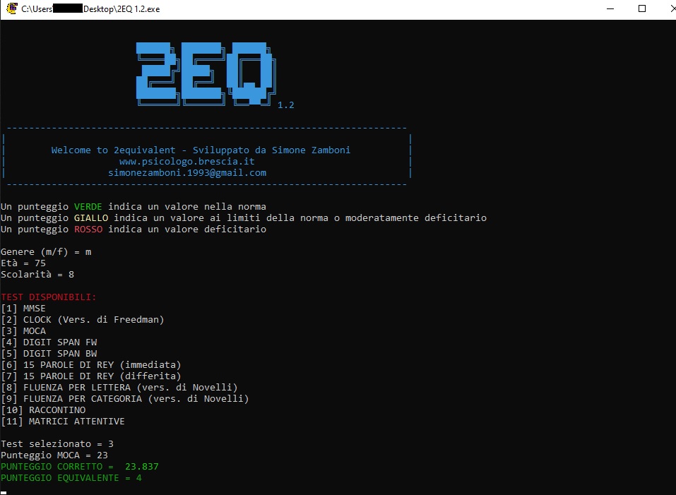 2eq output moca - 2EQ: Software per la conversione dei punteggi grezzi a corretti ed equivalenti