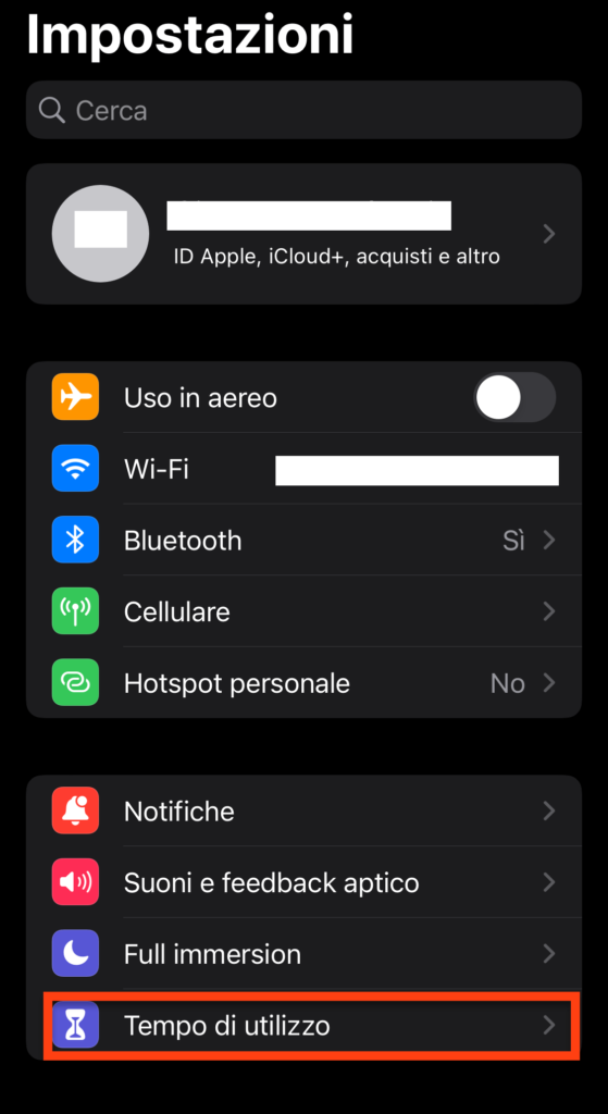 screenshot della funzione tempo di utilizzo che si trova all'interno delle impostazioni.