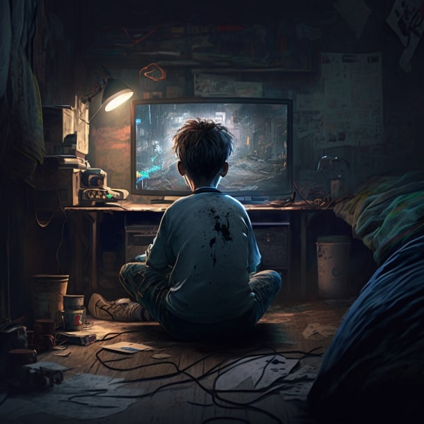 un ragazzo con dipendenza da videogiochi sta giocando in camera sua