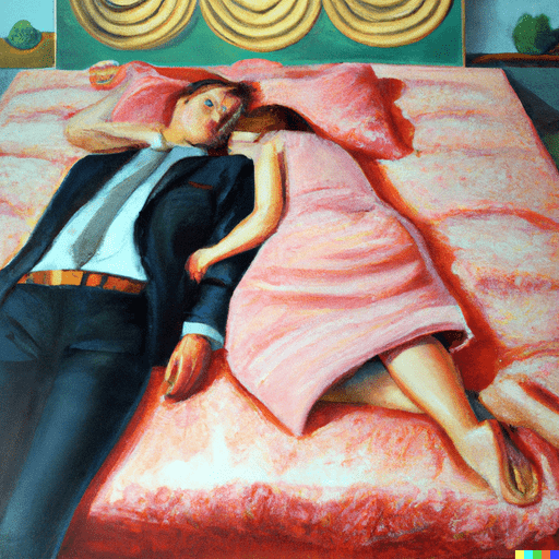 una coppia nel letto rosa ha problemi sessuali.