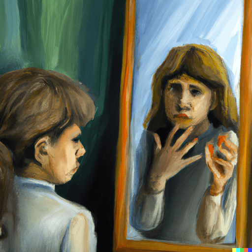 una ragazza adolescente è spaventata dalla sua immagine davanti allo specchio