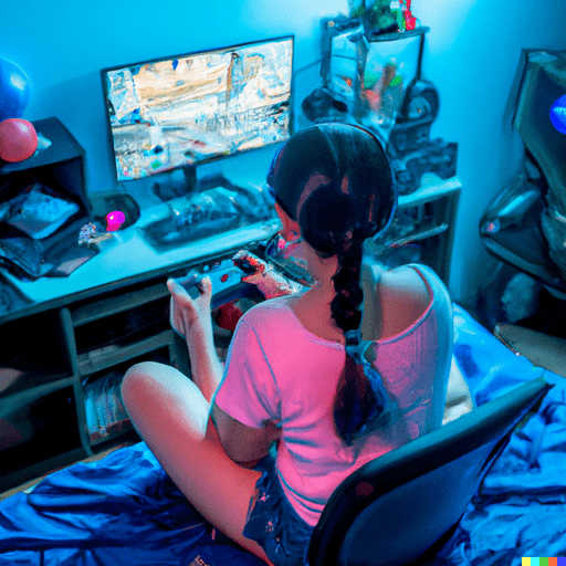 ragazza dipendente dai videogiochi è sul letto in camera sua a giocare