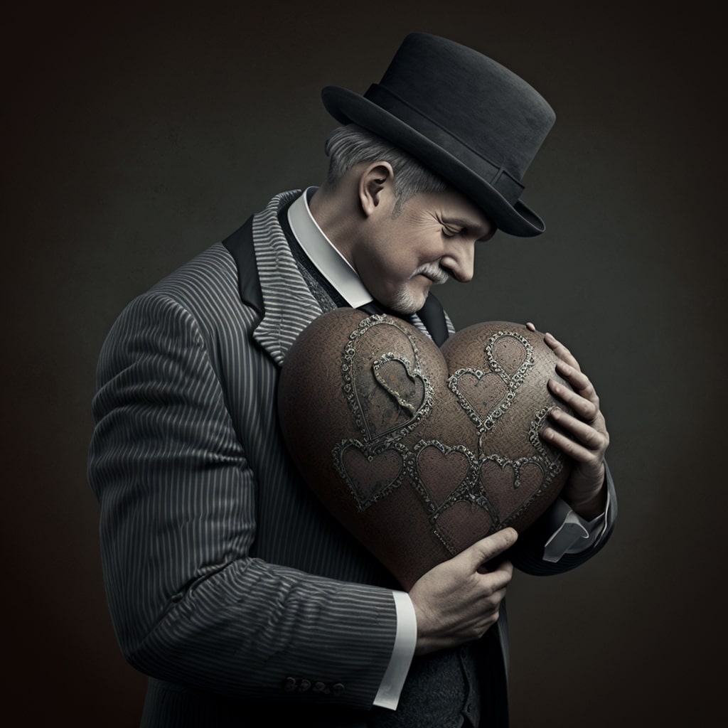 un uomo che pratica l'autocompassione abbraccia un cuore