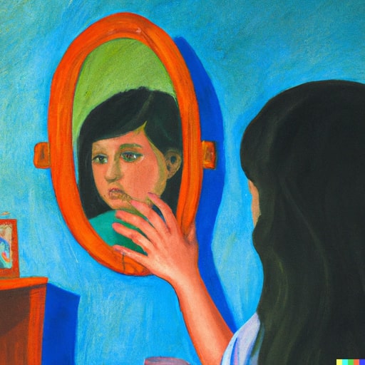 una ragazza insicura e con bassa autostima si guarda allo specchio