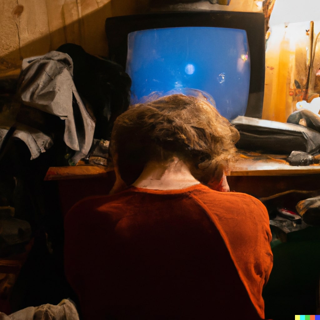 Un ragazzo davanti alla TV ha la testa tra le mani e pensa la mia vita fa schifo