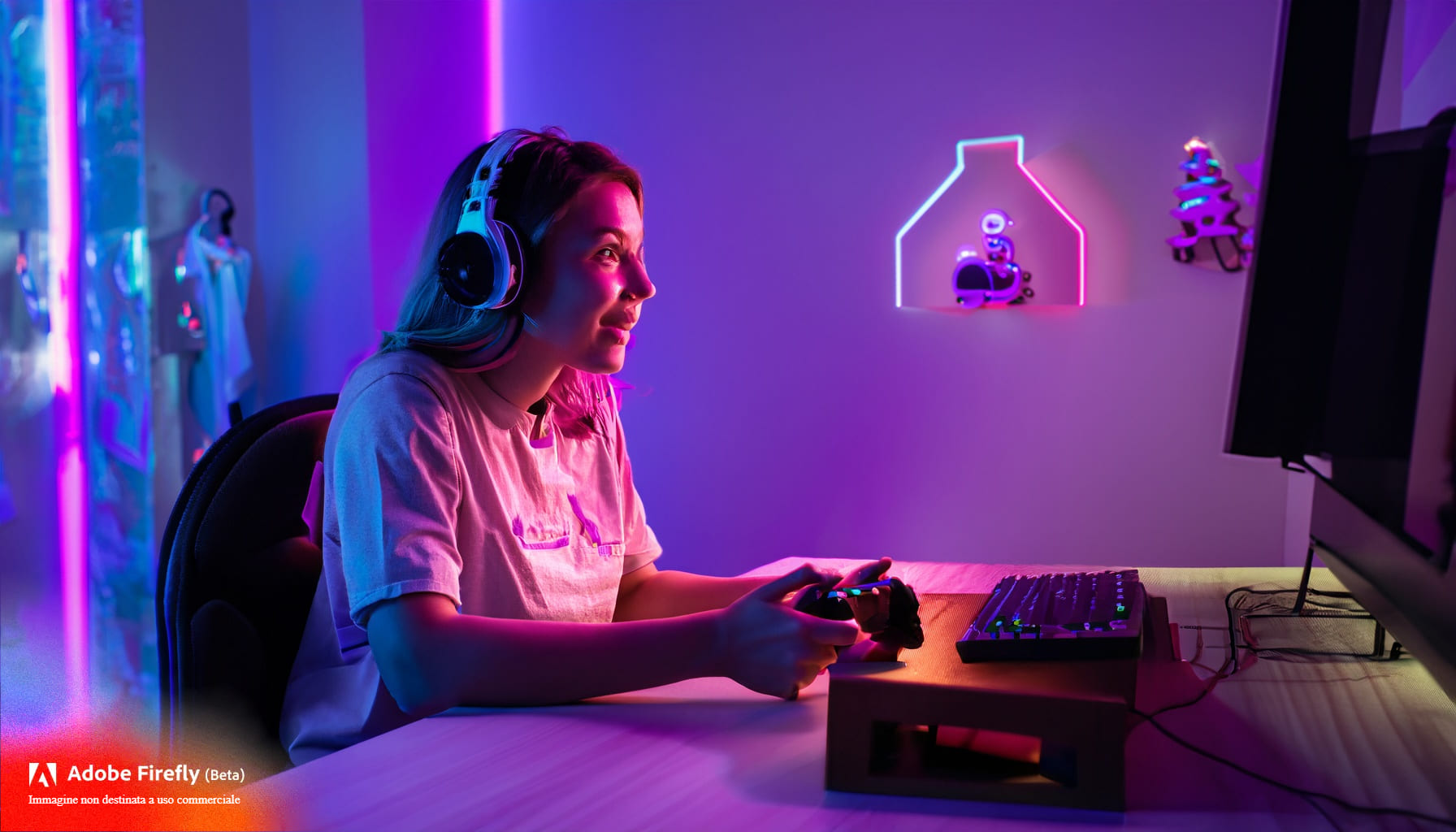 Una ragazza con dipendenza da videogiochi gioca nella sua stanza da gaming