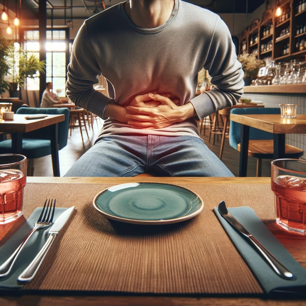 Un uomo al ristorante con ansia di andare in bagno