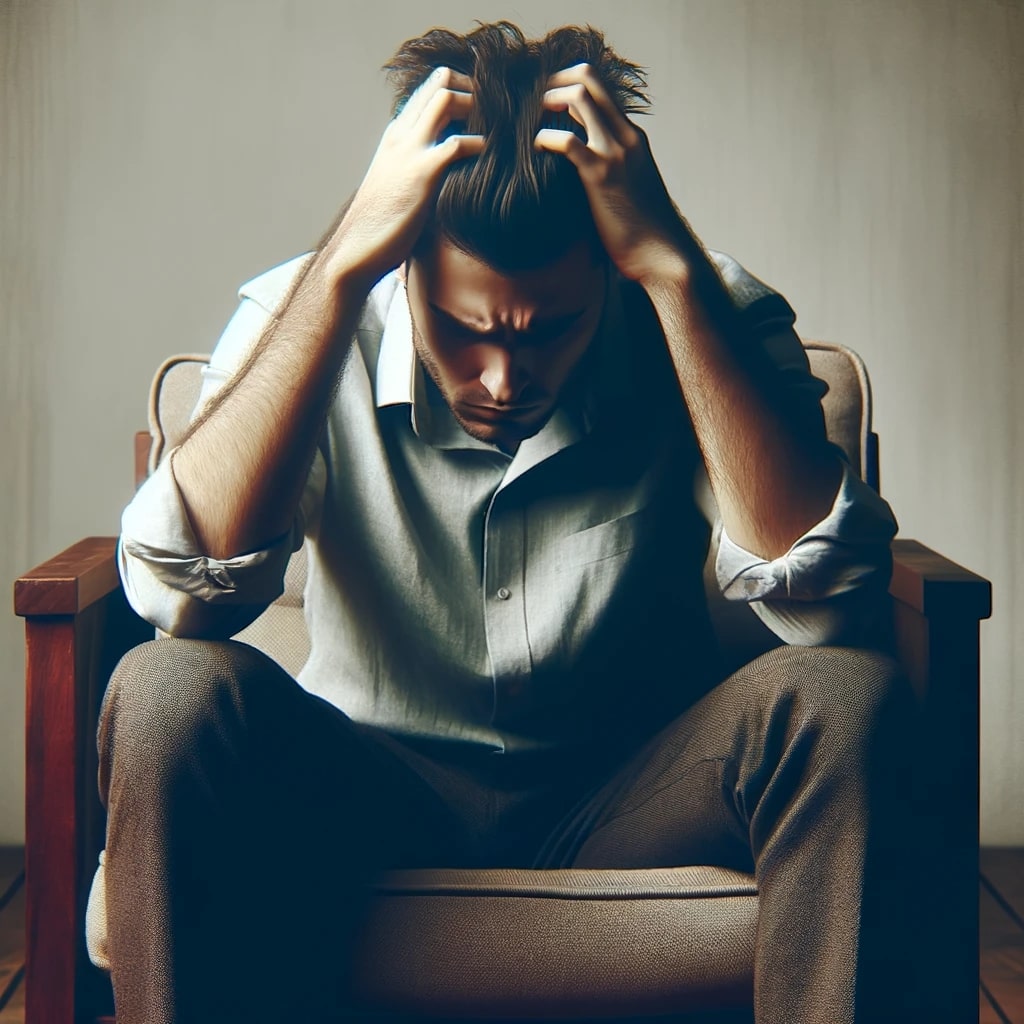 Un uomo affetto da pensieri automatici negativi si tiene la testa fra le mani