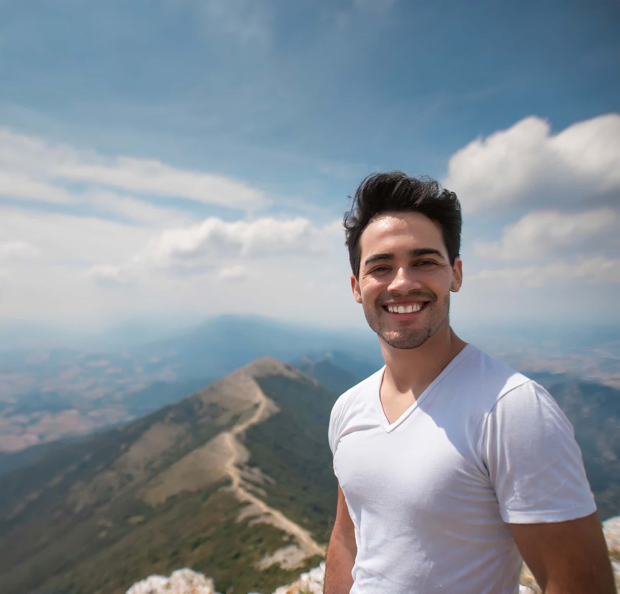 Un uomo single e felice sorride sulla cima di una montagna