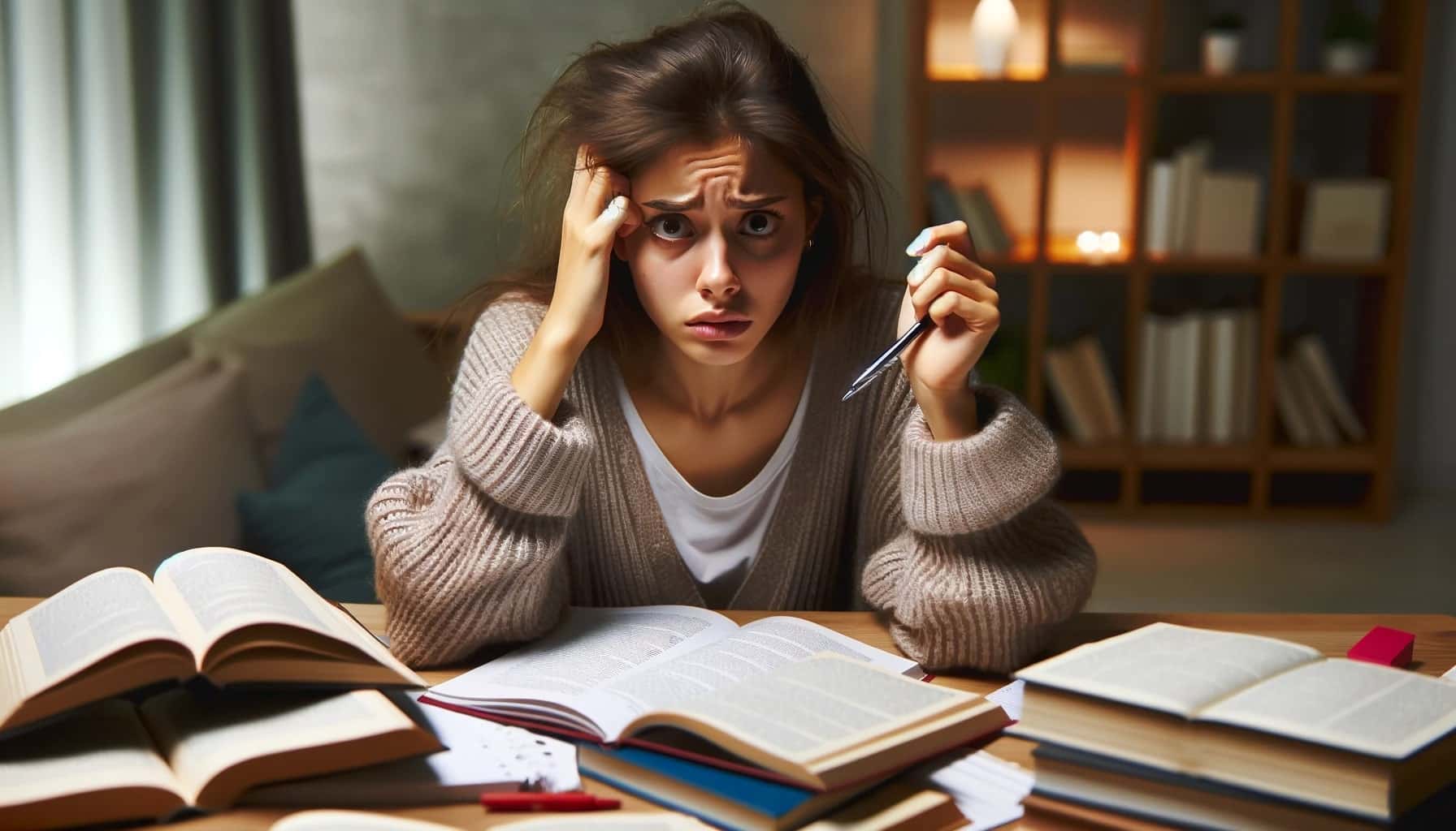 Una ragazza che studia soffre di ansia da esami universitari