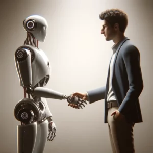 Un uomo stringe la mano all'intelligenza artificiale