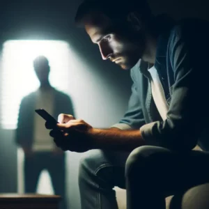 Un uomo guarda lo smartphone in una stanza buia