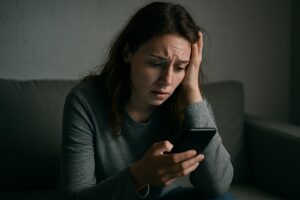 una persona fa scrolling compulsiva da sola sul divano di casa
